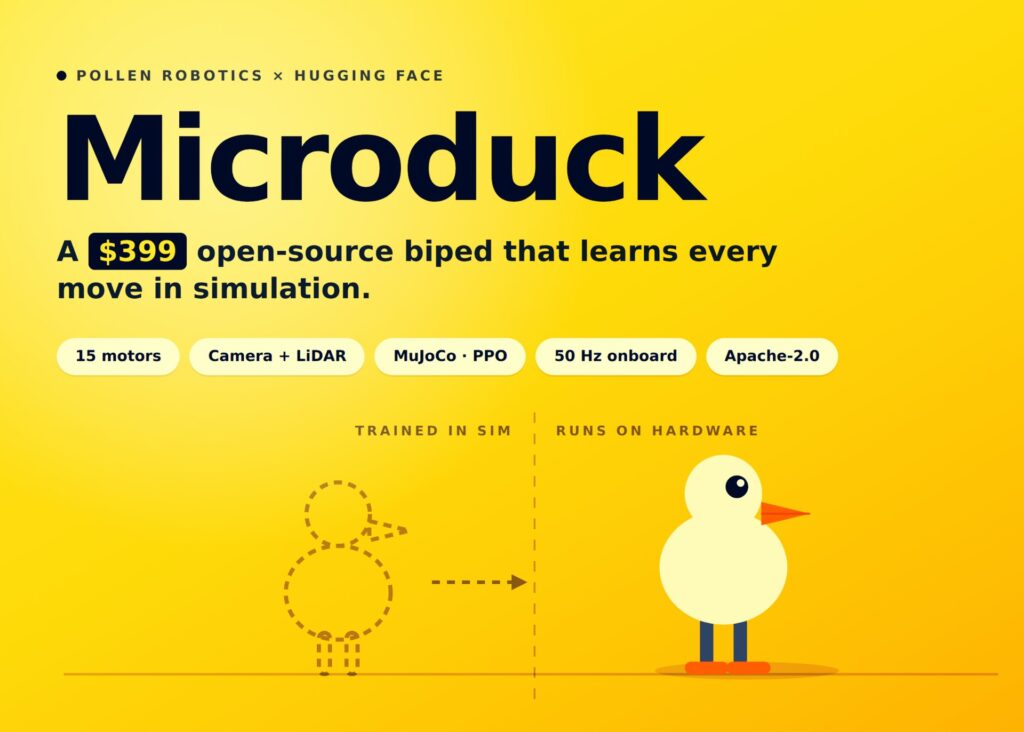 Microduck за $399: открытый двуногий робот Pollen Robotics и Hugging Face, которого можно обучить самому